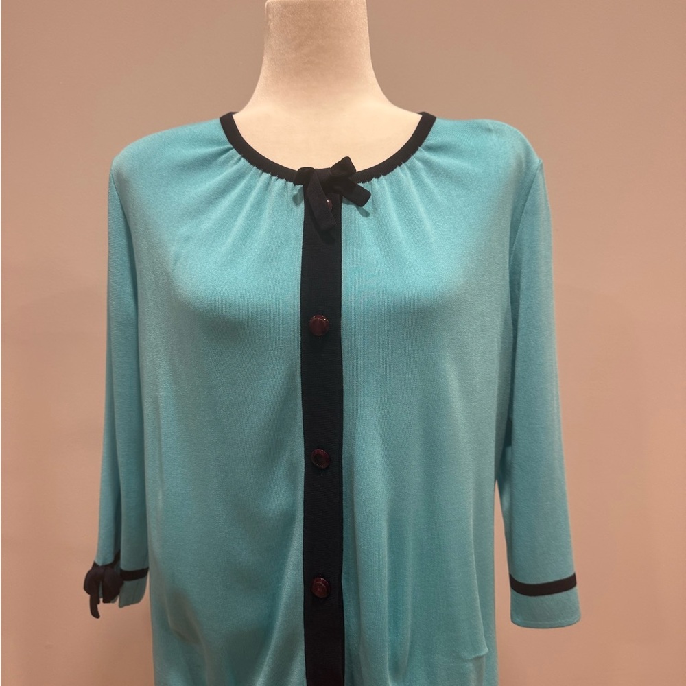 Misook Exclusively Large Blue Black Cardigan Sweater Top Long Sleeve Button